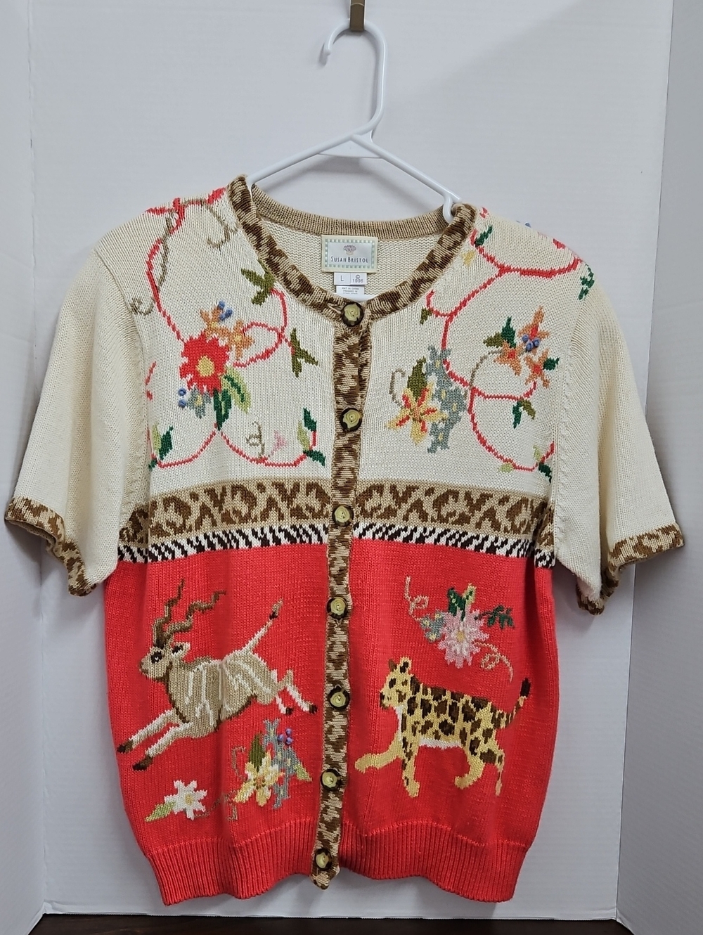 Vtg Susan Bristol Animal Print Hand Embroirered Cotton Blend Floral Cardigan L